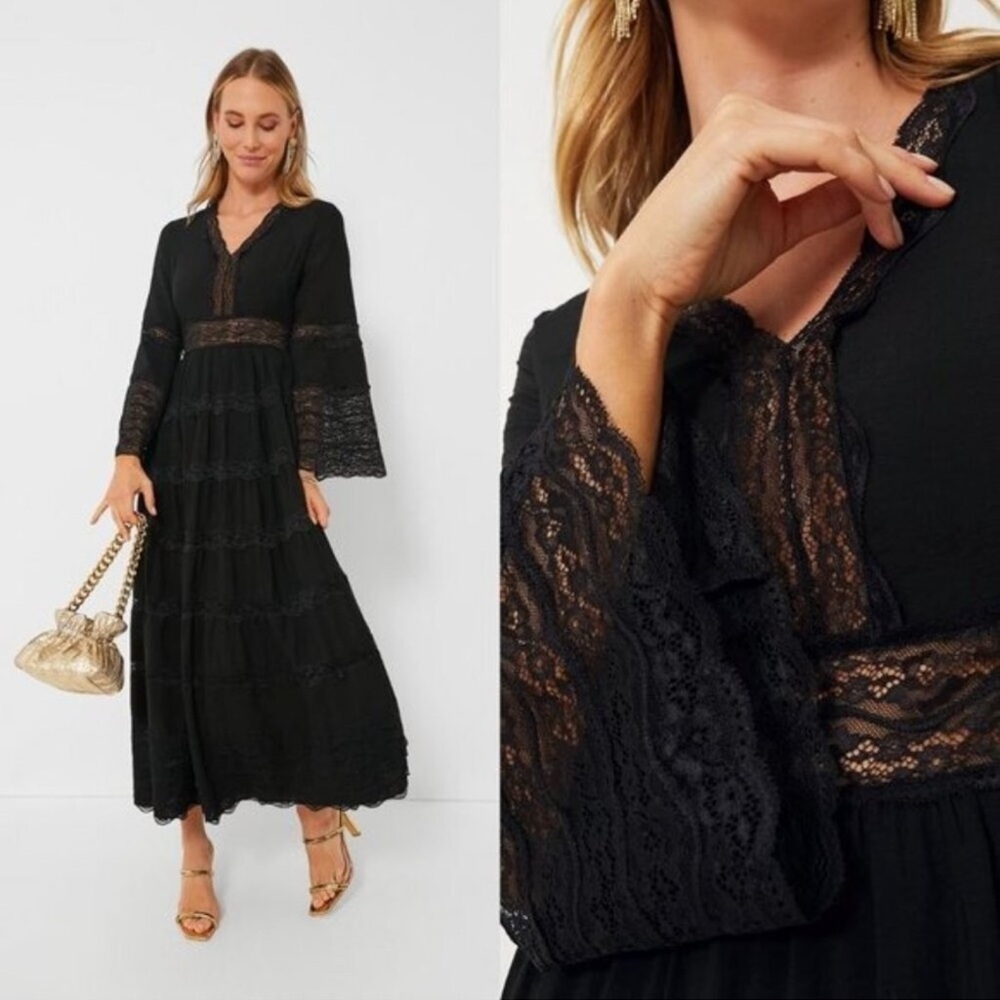 Tuckernuck - Hyacinth House Lydia V Neck Black Lace Tiered Elegant  Dress S